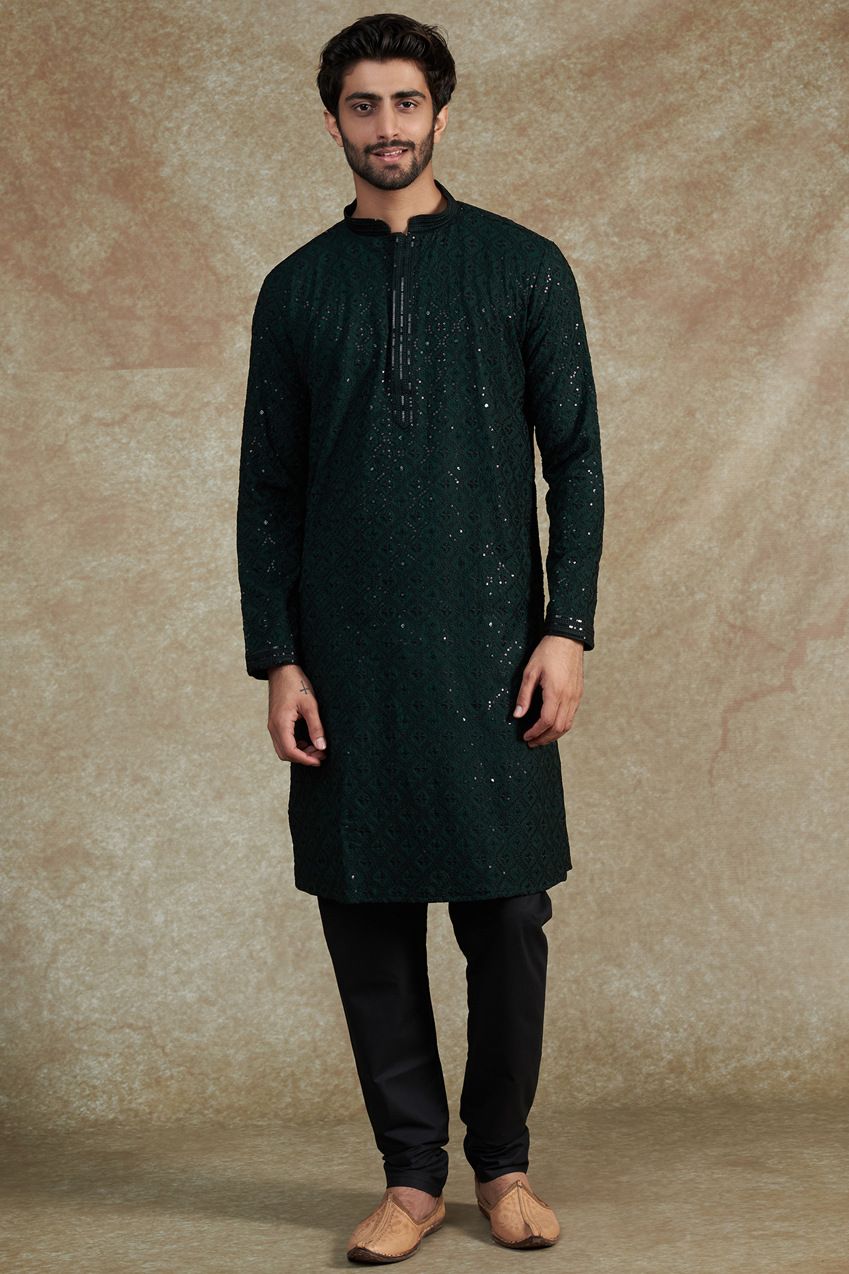 Bottle Green Silk Rayon Embroidered Kurta Set by ARRUGA