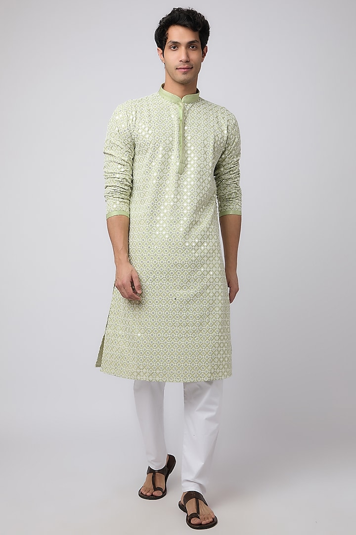 Green Rayon Sequins Embroidered Kurta Set by ARRUGA