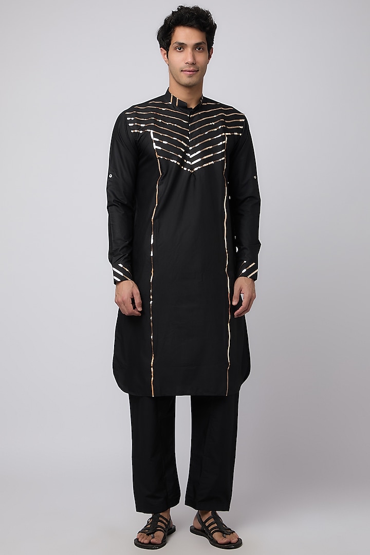 Black Cotton Striped Embroidered Pathani Kurta Set by ARRUGA