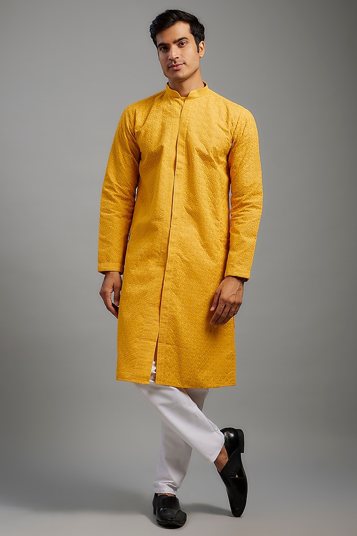 Yellow Cotton Polyester Embroidered Kurta Set by ARRUGA