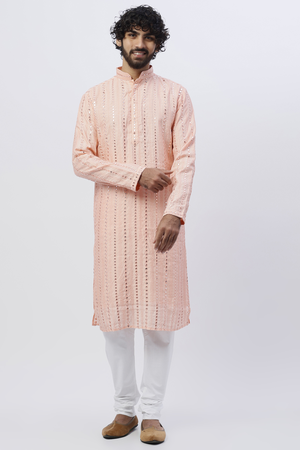 Blush Pink Upada Silk Embroidered Kurta Set by ARRUGA