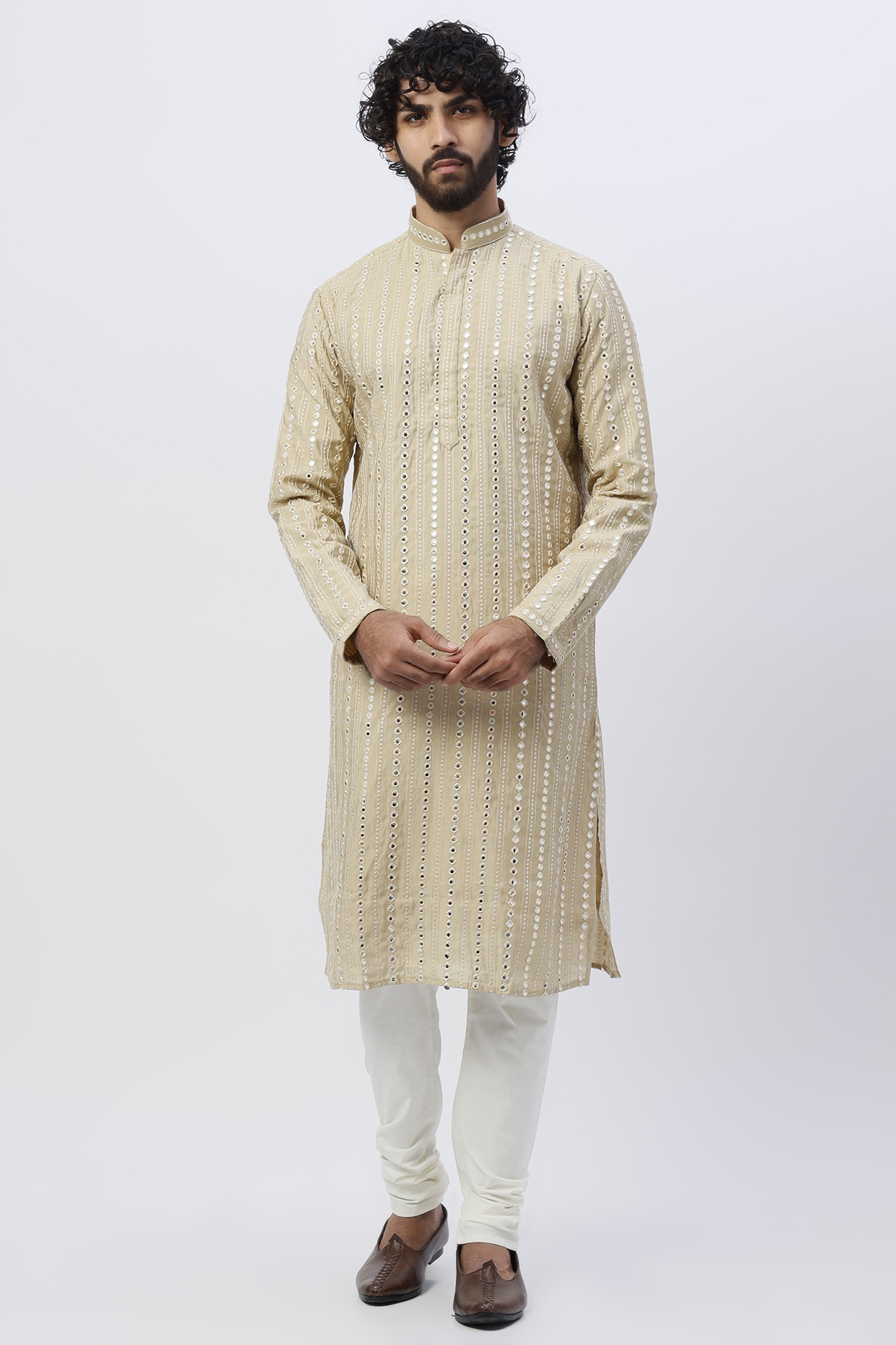 Beige Embroidered Kurta Set by ARRUGA