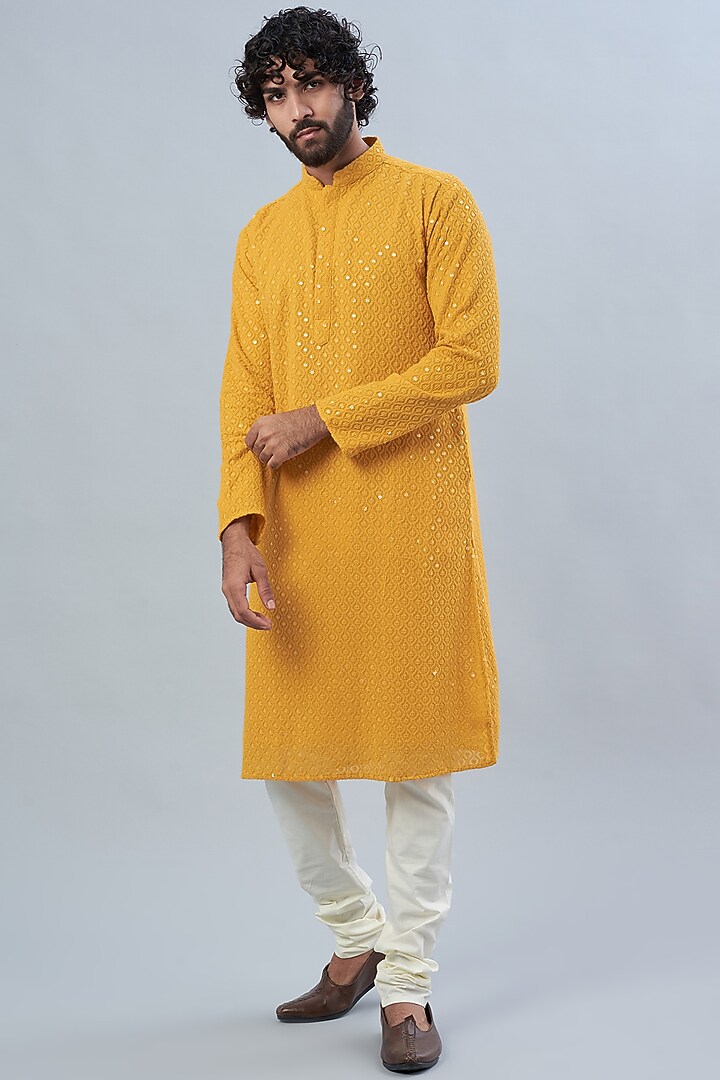 Mustard Embroidered Kurta Set Design by ARRUGA at Pernia's Pop Up Shop 2024
