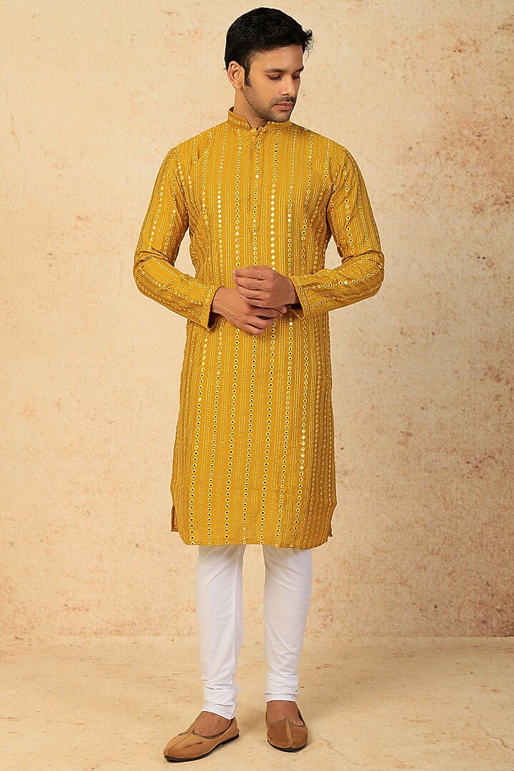 Mustard Embroidered Kurta Set Design by ARRUGA at Pernia's Pop Up Shop 2024