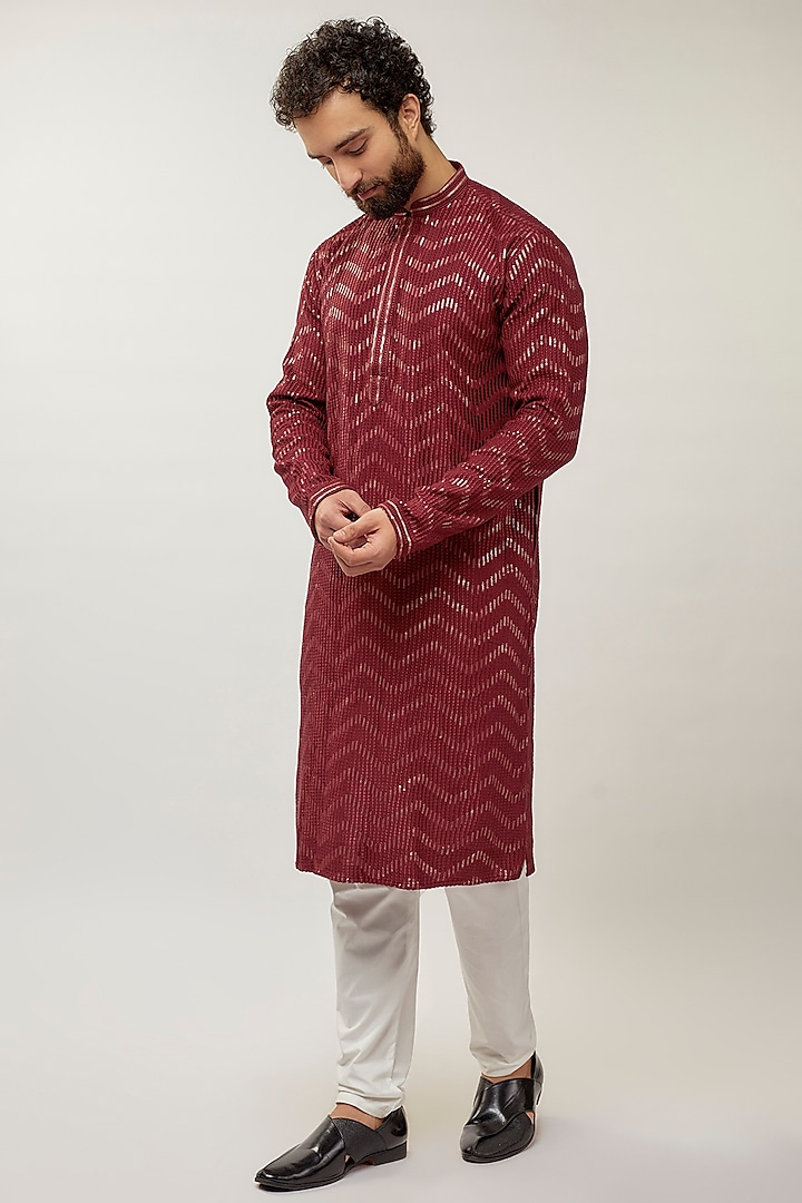 Red Rayon Sequins Embroidered Kurta Set by ARRUGA