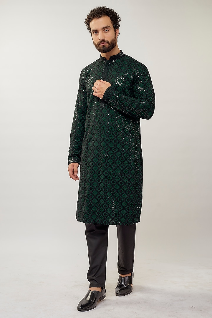 Green Rayon Sequins Embroidered Kurta Set by ARRUGA