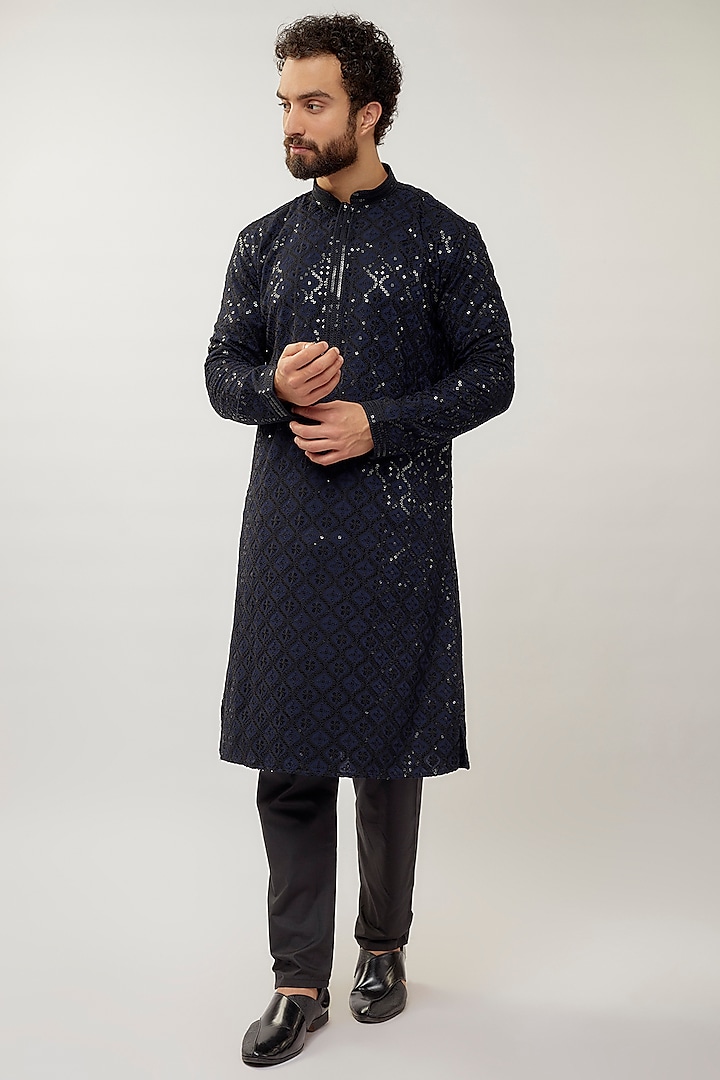Blue Rayon Sequins Embroidered Kurta Set by ARRUGA