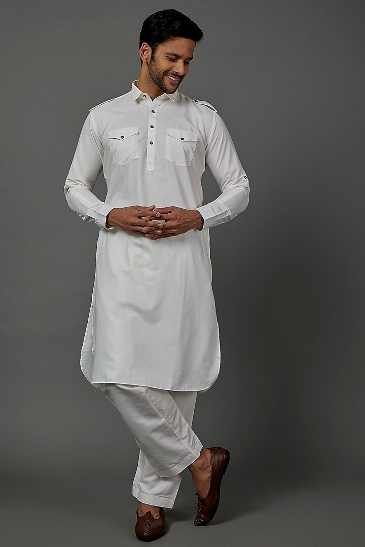 Off-White Cotton Polyester Pathani Kurta Set by ARRUGA