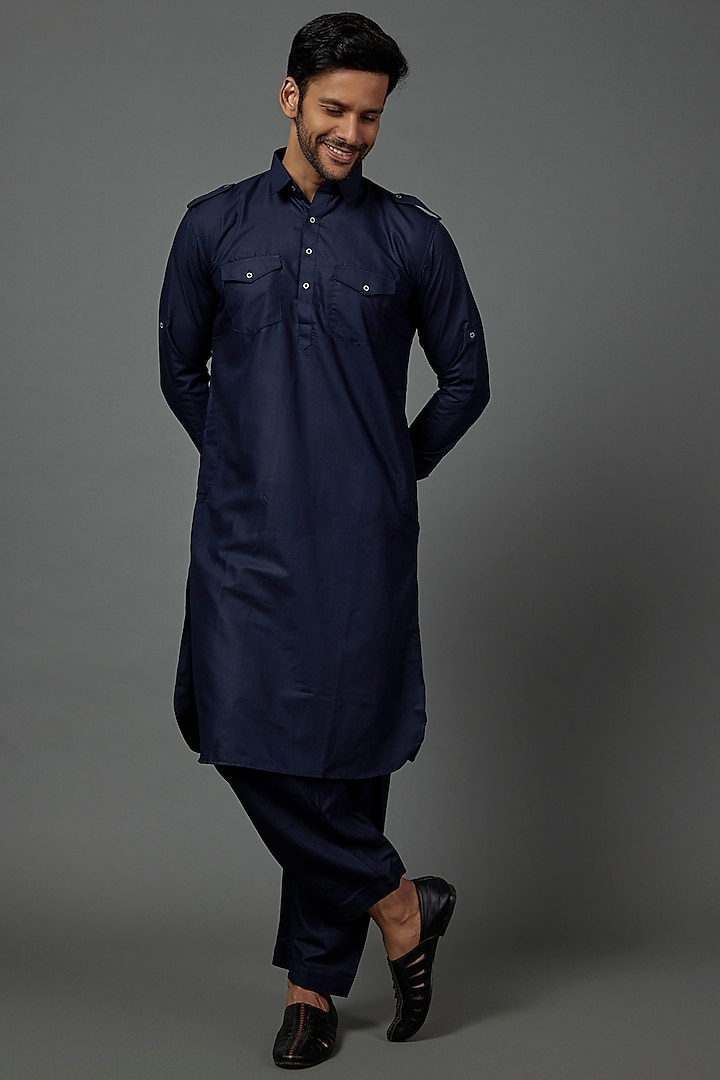 Navy Blue Cotton Polyester Pathani Kurta Set by ARRUGA