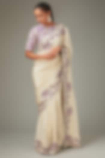 Ivory Shimmer Chanderi Handwork Saree Set by LABEL ARRV