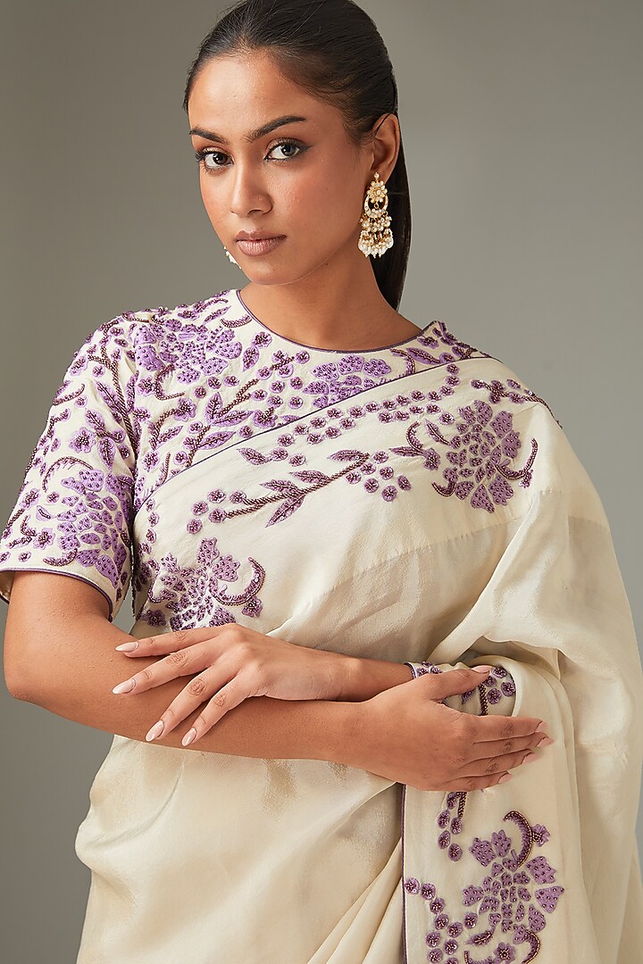 Ivory Shimmer Chanderi Handwork Wedding Saree Set by LABEL ARRV at Pernia's Pop Up Shop