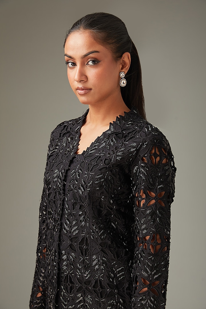 Black Crepe Cutwork Jacket Set by LABEL ARRV at Pernia's Pop Up Shop