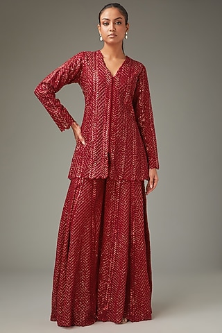 Red Crepe & Pure Organza Cutdana Handwork Sharara Set by LABEL ARRV