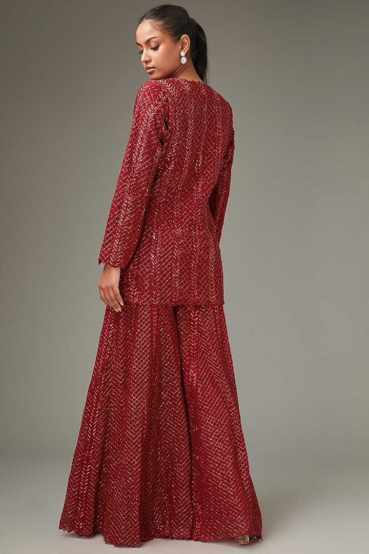 Red Crepe & Pure Organza Cutdana Handwork Bridal Sharara Set by LABEL ARRV at Pernia's Pop Up Shop