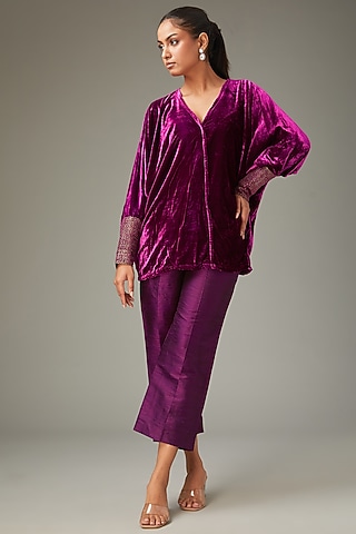 Wine Silk Velvet Hand Embroidered Top by LABEL ARRV