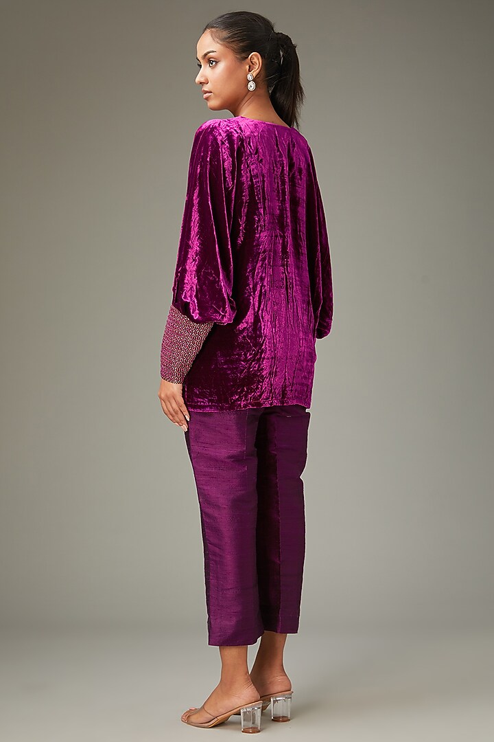 Wine Silk Velvet Hand Embroidered Top by LABEL ARRV at Pernia's Pop Up Shop