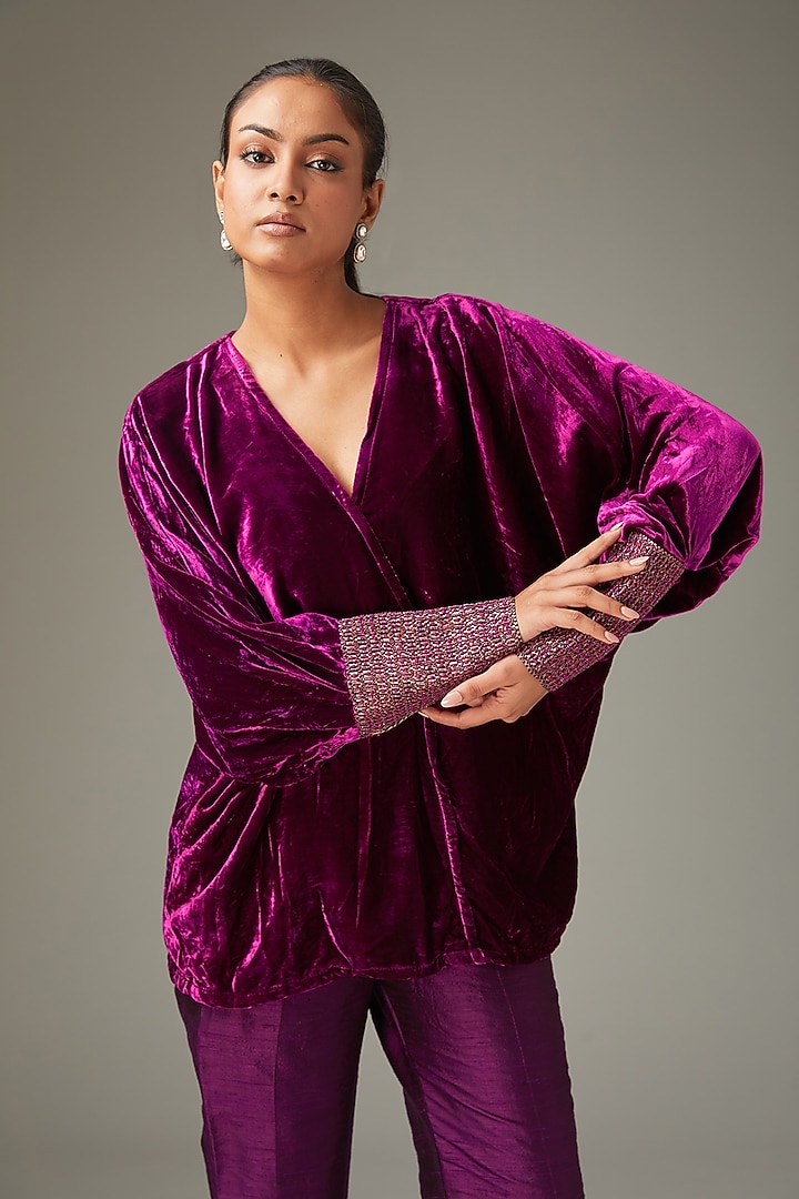 Wine Silk Velvet Hand Embroidered Top by LABEL ARRV at Pernia's Pop Up Shop