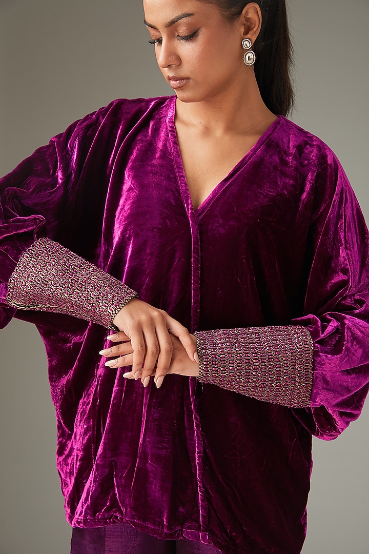 Wine Silk Velvet Hand Embroidered Top by LABEL ARRV at Pernia's Pop Up Shop