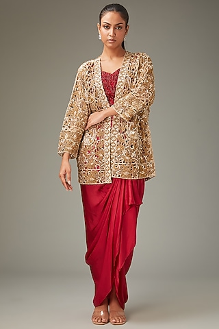 Gold Crepe Handwork Embossed Jacket by LABEL ARRV