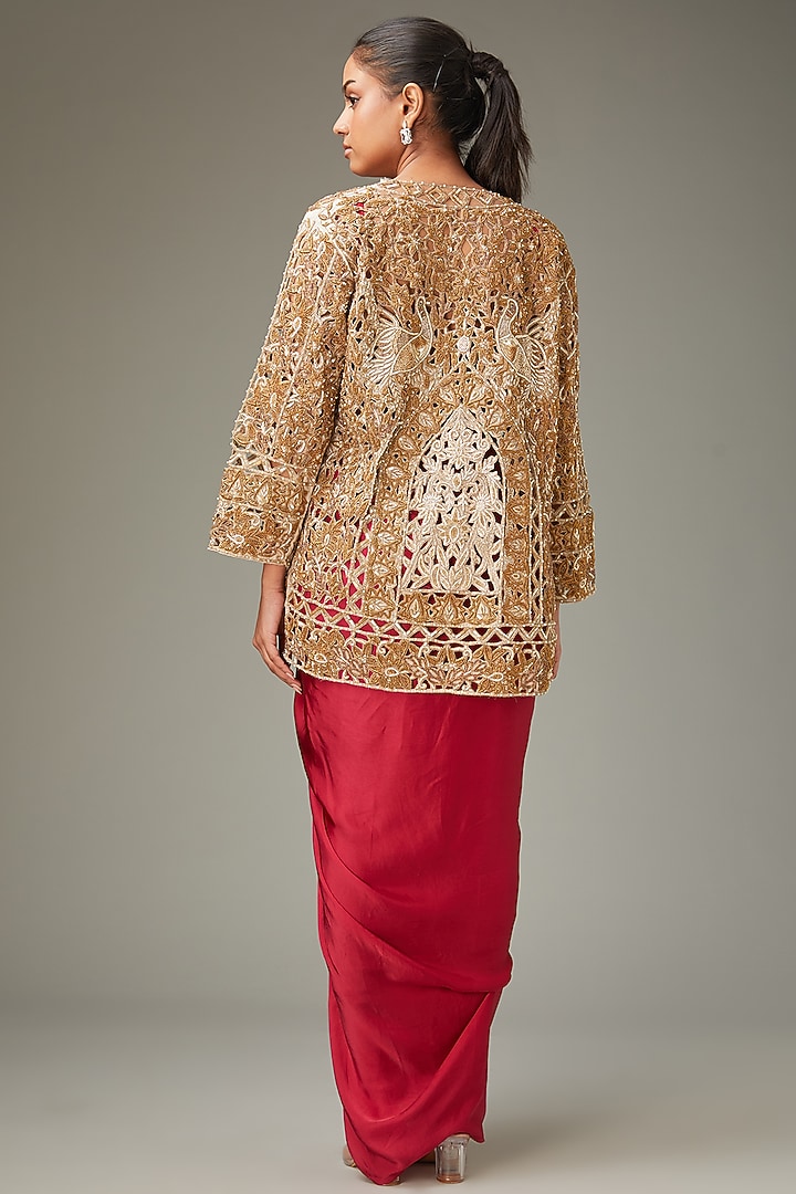 Gold Crepe Handwork Embossed Jacket by LABEL ARRV at Pernia's Pop Up Shop