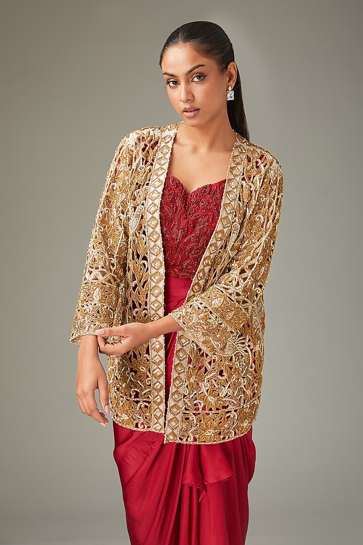 Gold Crepe Handwork Embossed Jacket by LABEL ARRV at Pernia's Pop Up Shop
