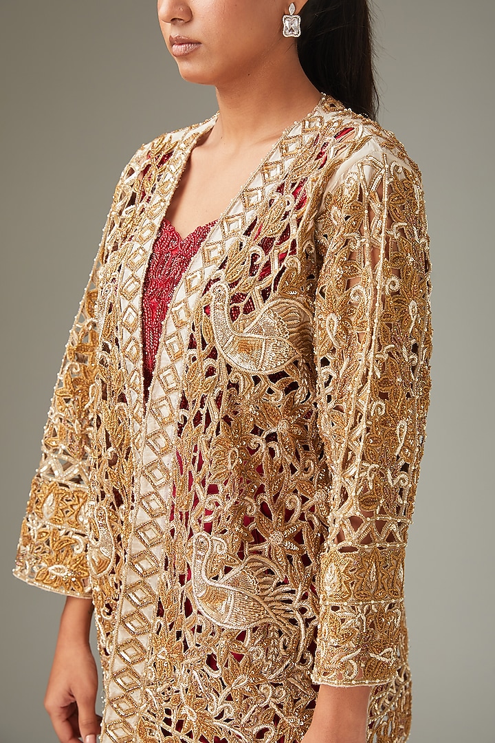 Gold Crepe Handwork Embossed Jacket by LABEL ARRV at Pernia's Pop Up Shop