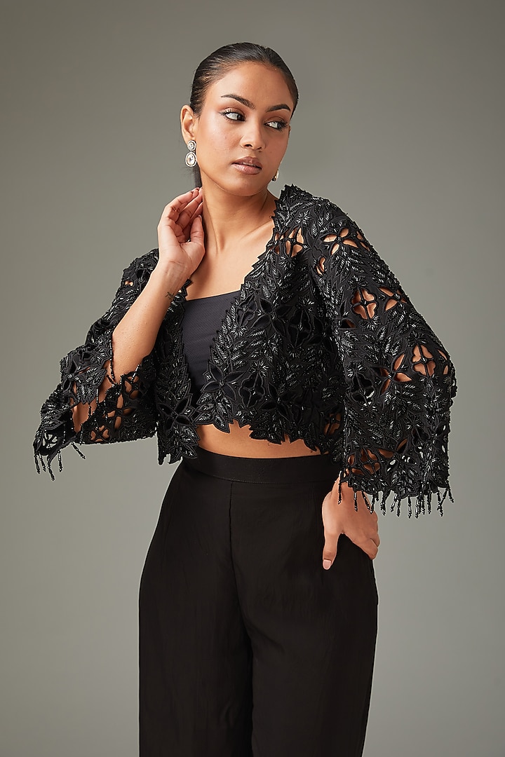 Black Crepe Cutwork Cape With Inner by LABEL ARRV