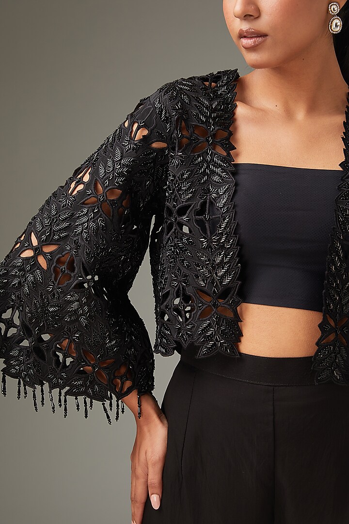 Black Crepe Cutwork Cape With Inner by LABEL ARRV at Pernia's Pop Up Shop