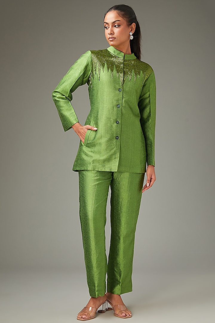Green Pashmina Handwork Blazer Set by LABEL ARRV