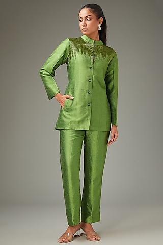 Green Pashmina Handwork Blazer Set by LABEL ARRV
