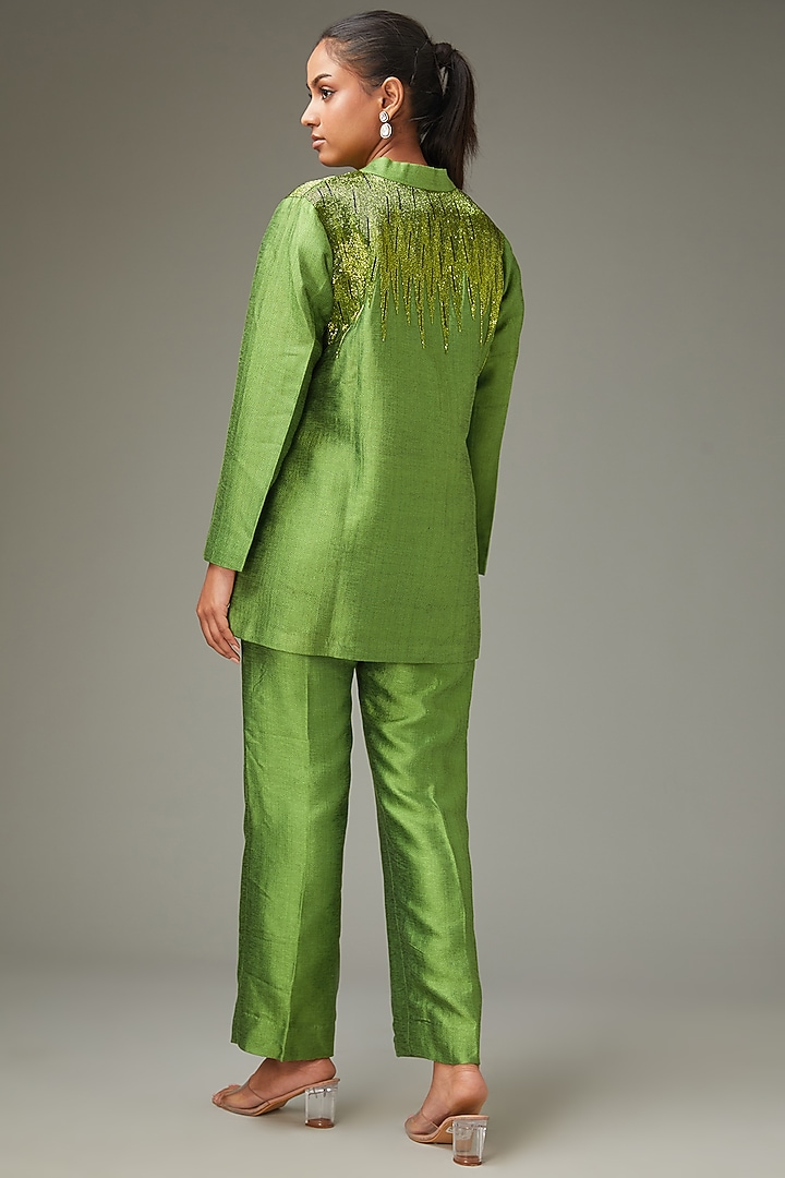 Green Pashmina Handwork Blazer Set by LABEL ARRV at Pernia's Pop Up Shop