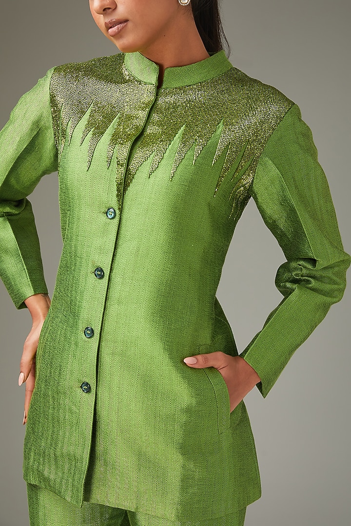 Green Pashmina Handwork Blazer Set by LABEL ARRV at Pernia's Pop Up Shop