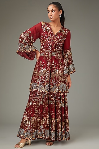 Red Georgette Thread Work Sharara Set by LABEL ARRV