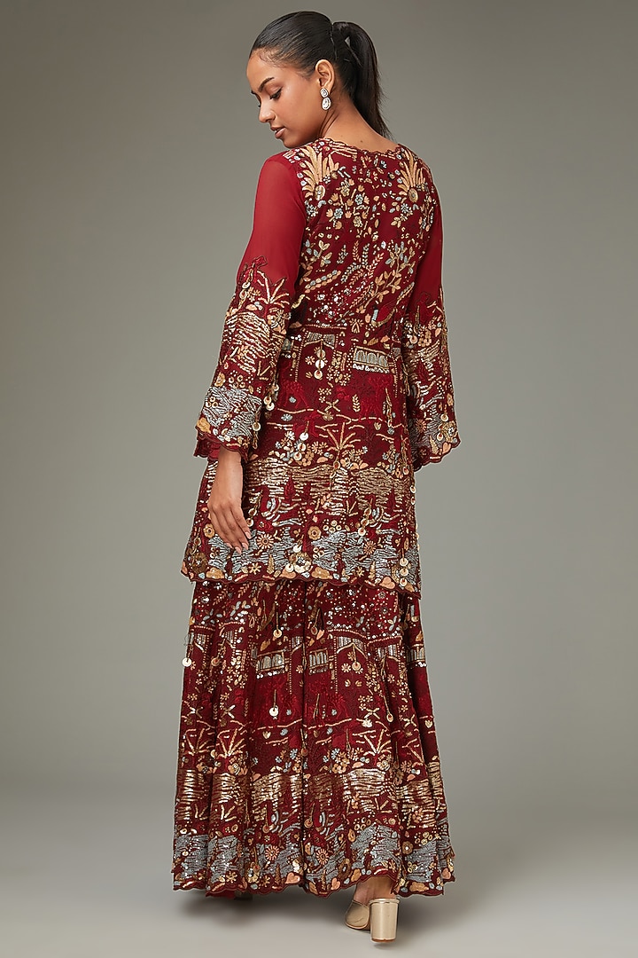 Red Georgette Thread Work Wedding Sharara Set by LABEL ARRV at Pernia's Pop Up Shop