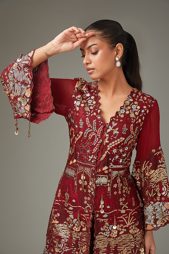 Red Georgette Thread Work Wedding Sharara Set by LABEL ARRV at Pernia's Pop Up Shop