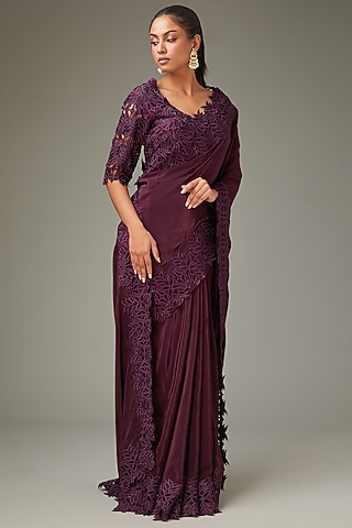 Wine Crepe Cutwork Saree Set by LABEL ARRV