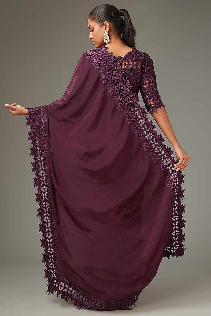 Wine Crepe Cutwork Wedding Saree Set by LABEL ARRV at Pernia's Pop Up Shop