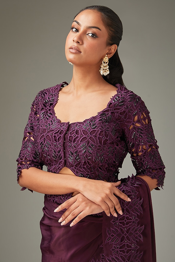 Wine Crepe Cutwork Wedding Saree Set by LABEL ARRV at Pernia's Pop Up Shop