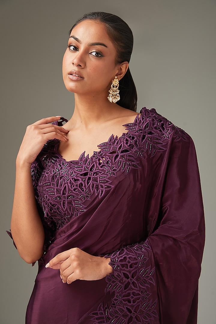 Wine Crepe Cutwork Wedding Saree Set by LABEL ARRV at Pernia's Pop Up Shop