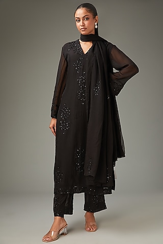 Black Pure Organza Aari Work Kurta Set by LABEL ARRV
