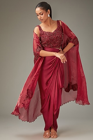 Red Organza Handwork Dhoti Set by LABEL ARRV