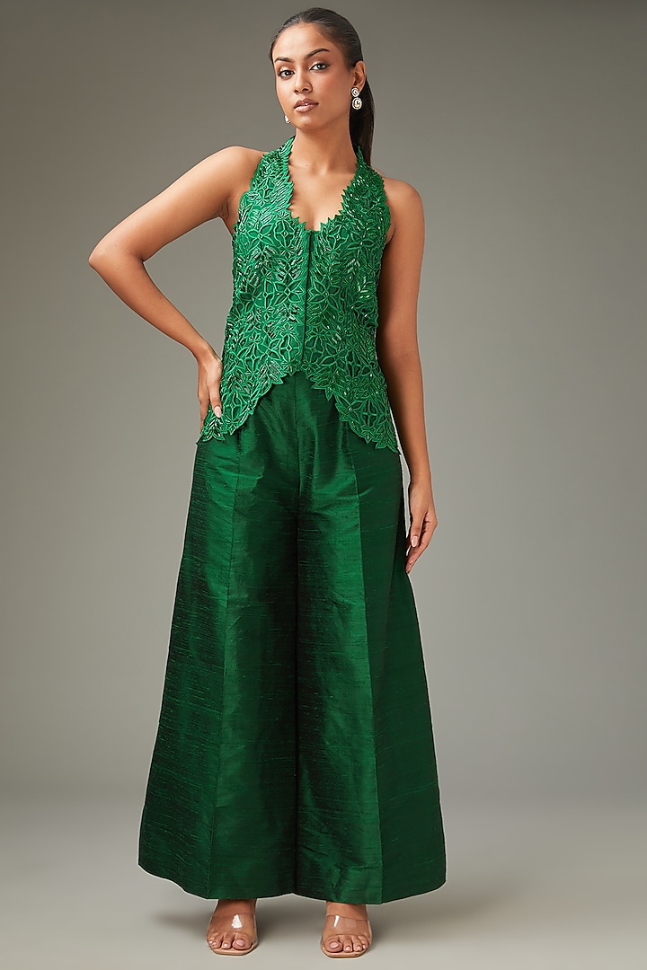 Green Raw Silk Sharara Set by LABEL ARRV