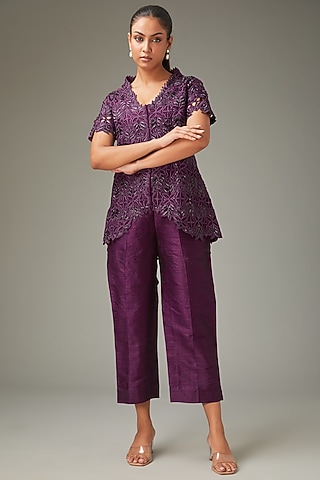 Wine Raw Silk Cutwork Jacket Set by LABEL ARRV