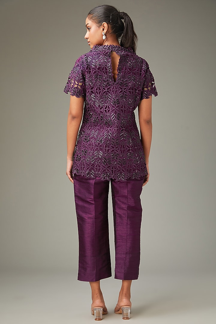 Wine Raw Silk Cutwork Jacket Set by LABEL ARRV at Pernia's Pop Up Shop