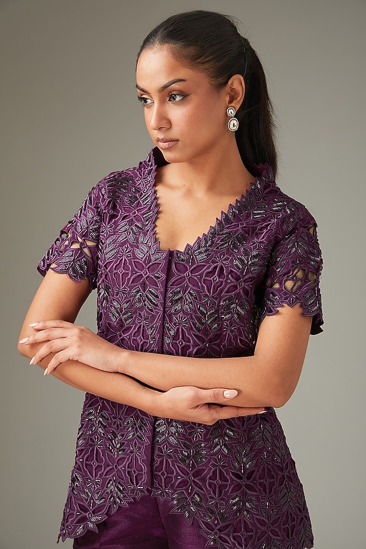 Wine Raw Silk Cutwork Jacket Set by LABEL ARRV at Pernia's Pop Up Shop