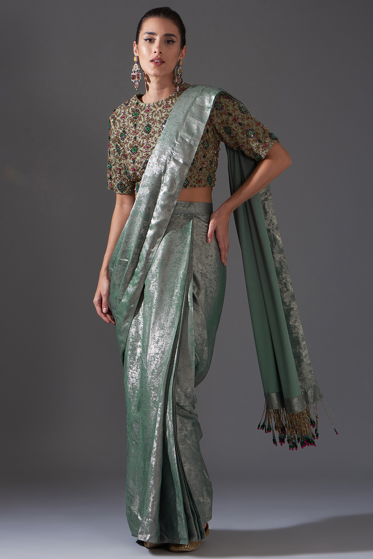 Green Shimmer Fabric Embellished Wedding Saree Set by LABEL ARRV at Pernia's Pop Up Shop