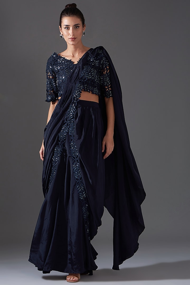 Blue Crepe Cutwork Embroidered Draped Saree Set by LABEL ARRV