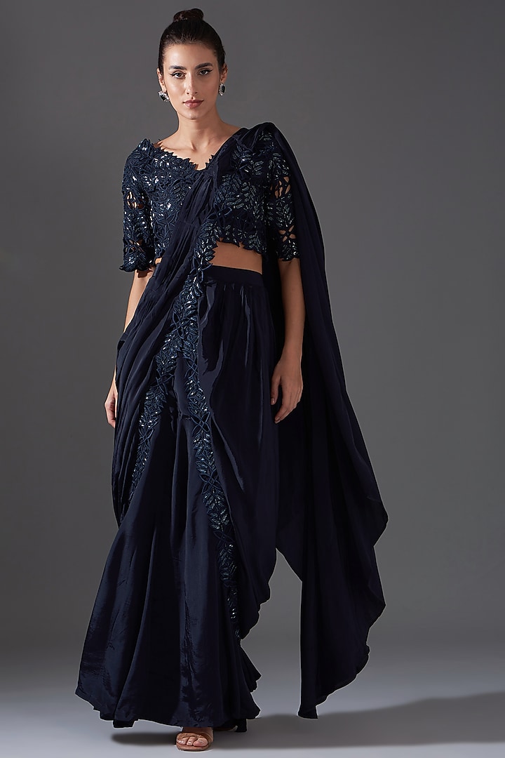 Blue Crepe Cutwork Embroidered Draped Saree Set by LABEL ARRV at Pernia's Pop Up Shop