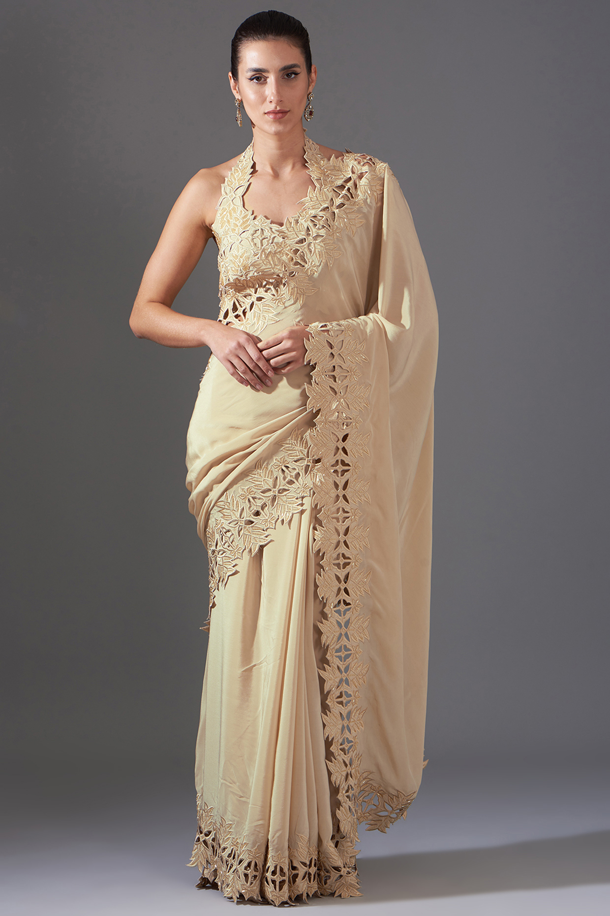 Beige Crepe Cutwork Embroidered Saree Set by LABEL ARRV at Pernia's Pop Up Shop