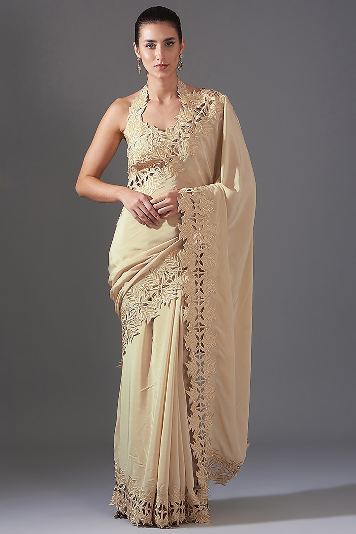 Beige Crepe Cutwork Embroidered Saree Set by LABEL ARRV at Pernia's Pop Up Shop